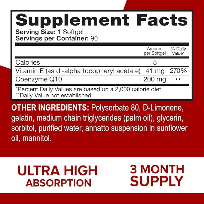 Qunol CoQ10 200mg Softgels, Ultra CoQ10 - Ultra High Absorption Coenzyme Q10 Supplements - Antioxidant Supplement for Vascular and Heart Health & Energy Production, 90 Count