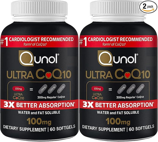 Qunol CoQ10 100mg Softgels, Ultra CoQ10 100mg, 3x Better Absorption, Antioxidant for Heart Health & Energy Production, Coenzyme Q10 Vitamins and Supplements, 4 Month Supply, 60 Count (Pack of 2)