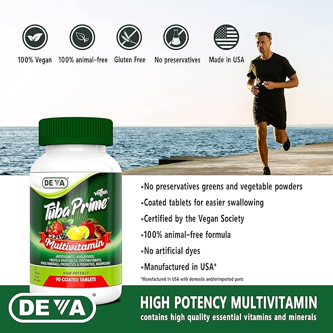 DEVA Tuba Prime Vegan Multivitamin Iron-Free - High-Potency Vitamin & Mineral Dietary Supplement - Antioxidants, Fruit & Vegetable Blend, Super Mushrooms, Probiotics, Prebiotics, Seeds, Herbs 90 Tabs