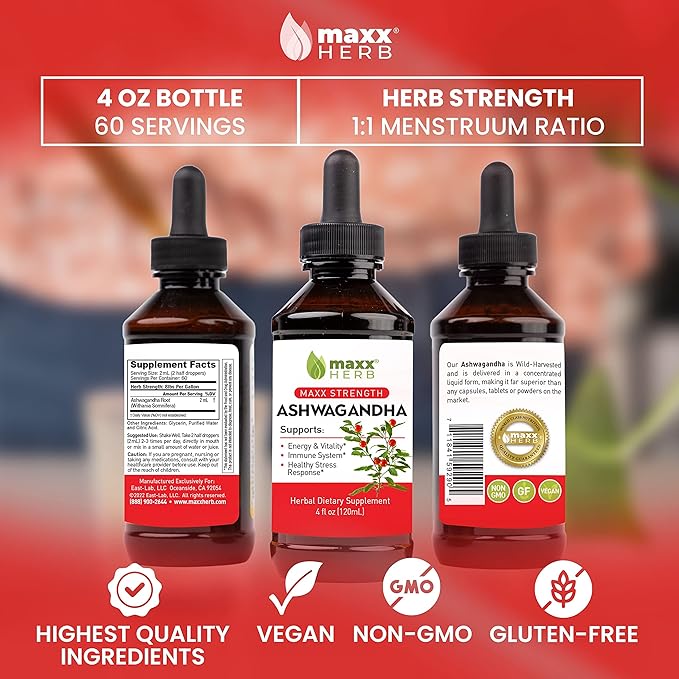 Maxx Herb Ashwagandha Extract – Max Strength Liquid Tincture Absorbs Better Than Capsules or Powder - for Stamina, Memory, and Immune Support – 4 Bottles, 4 Oz Each (240 Servings)