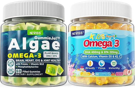 Vegan Omega 3 Gummies 1 Pack + Sugar Free Omega 3 Gummies for Kids 2 Pack