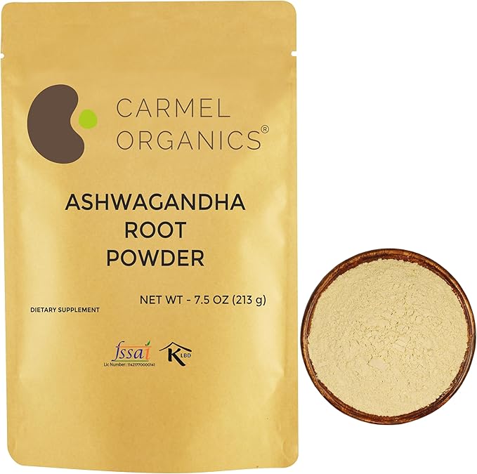 CARMEL ORGANICS Ashwagandha Root Powder 7.5 Ounce, Non GMO & Gluten Free, Natural, Withania Somnifera from India, No Added Presrvatives