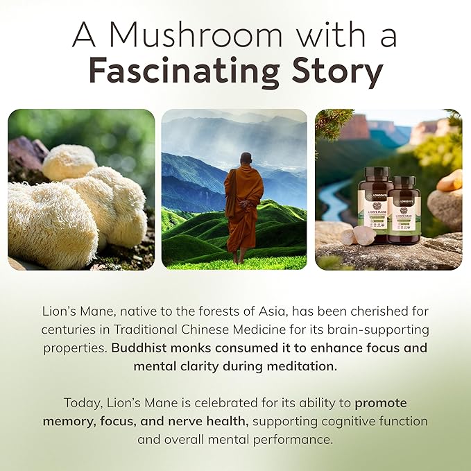 Longevity Botanicals Organic Lion’s Mane Mushroom Extract Capsules (120) | Concentrated 8:1 Ratio | 100% Fruiting Bodies | Hericium Erinaceus Nootropic Supplement for Focus, Memory & Brain Support