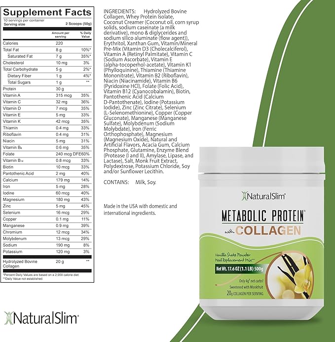 NaturalSlim Metabolic Protein Powder with Collagen Vanilla - Hydrolyzed Collagen Protein Powder for Hair, Skin, Bone, Joint, and Metabolism - Low Carb Meal Replacement Shake Mix - 17.6 oz