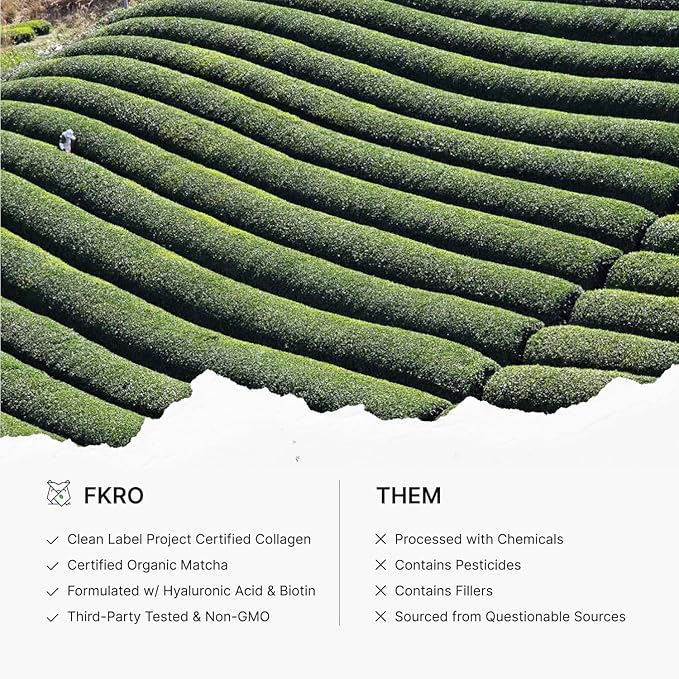 FKRO Matcha Collagen Powder w Biotin, Hyaluronic Acid & Vitamin C - Healthy Hair, Skin & Nails - Natural Type I & III Hydrolyzed Collagen Powder, Unsweetened Matcha Latte - 22 Servings, 7.9oz