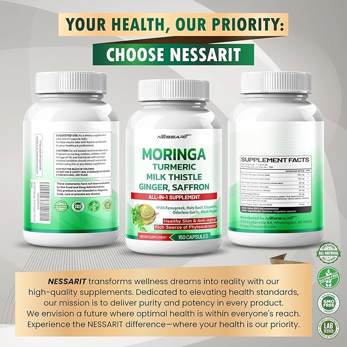 Moringa Supplement - 10-in-1 Natural Blend with Turmeric Milk Thistle Ginger Saffron Fenugreek Holy Basil Ceylon Cinnamon - 150 Count - Made & Tested in The USA