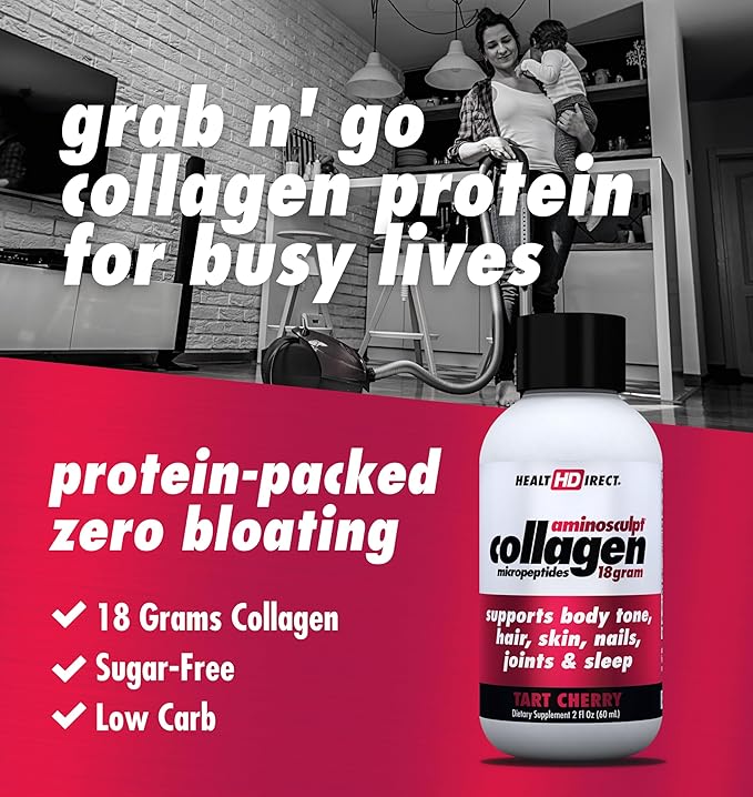 Health Direct – Medical-Grade Liquid Collagen Shots – AminoSculpt Sugar-Free – Tart Cherry – 12 Servings, (12pk, 2oz Shots) – Good for Joints, Bones, & Sleep – Better Hair, Skin & Nails