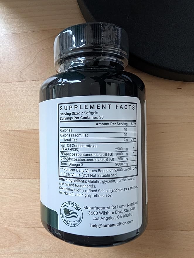 Luma Nutrition Omega 3 Fish Oil Supplement - Extra Strength 2500mg - 2000mg EPA & DHA - Brain and Heart Health - 60 Softgels
