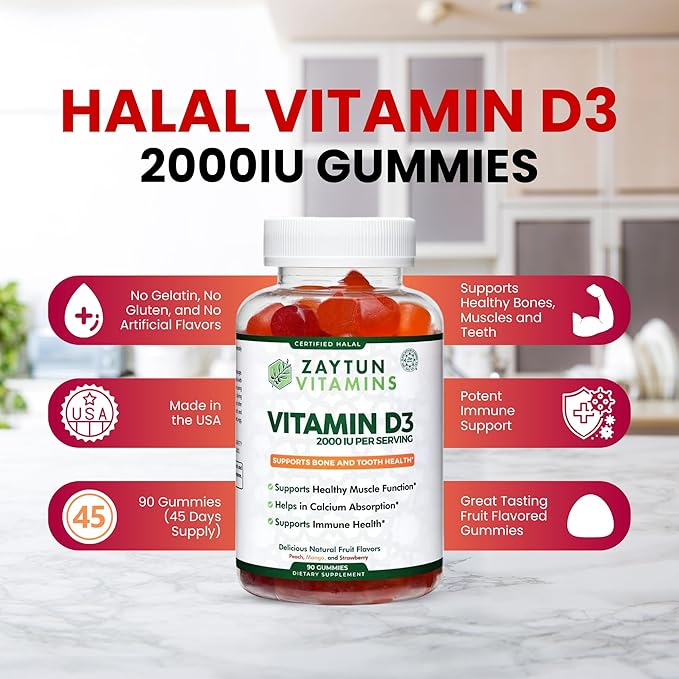 Zaytun Halal Vitamin D3 2000 IU Gummies, Supports Bone & Immune Health, Promotes Muscle Function, Gluten & Gelatin Free, (3-Pack) - Made in USA