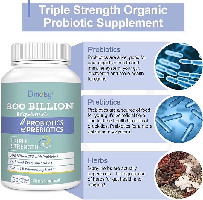 Probiotics for Women and Men, 300 Billion CFU 24 Strains Probiotics + 15 Organic Herbs Prebiotics Blend, Shelf Stable Gut Health Supplement for Digestive Immune & Whole-Body Health, 6 Month Supply