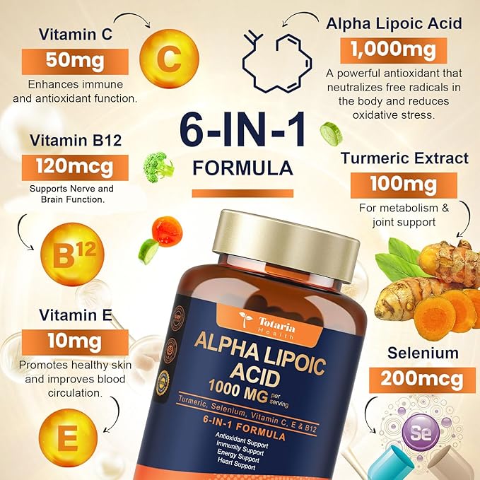 Alpha Lipoic Acid - 1000mg ALA Supplement Capsules for Neuropathy Support Supplement Nerve Health, Liver Detox, Antioxidant, Metabolism and Cell Energy, Anti-Aging - Non-GMO, Gluten Free, Vegan Safe