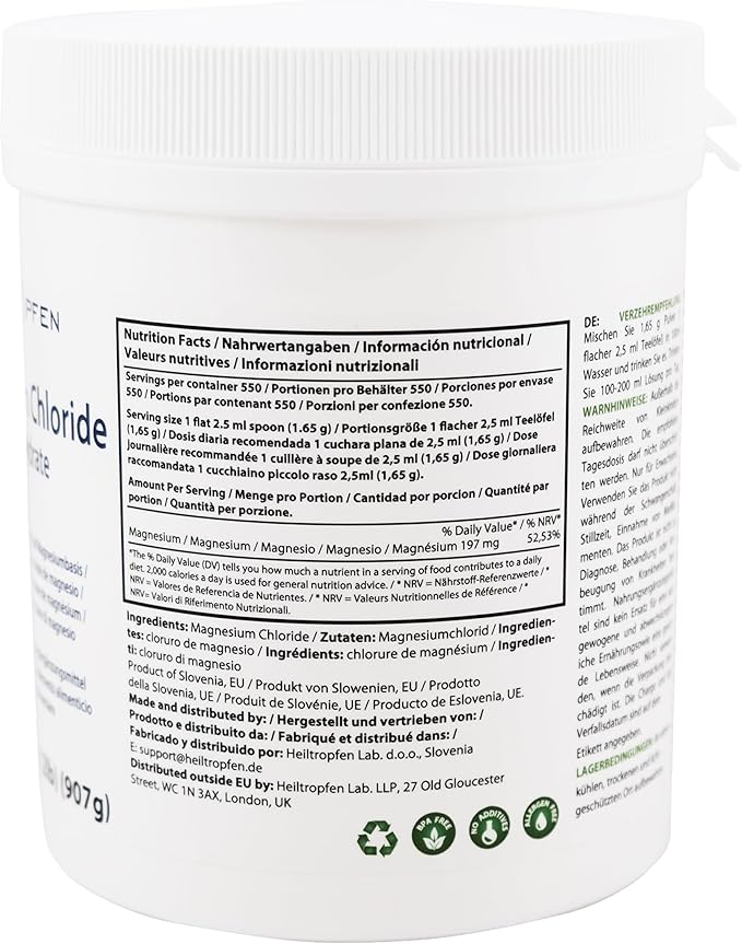 2 Pounds Magnesium Chloride Hexahydrate | Pharmaceutical Grade Ingredients | Crystal Powder | Pure Ph. EUR., BP, USP, 100% | Heiltropfen®