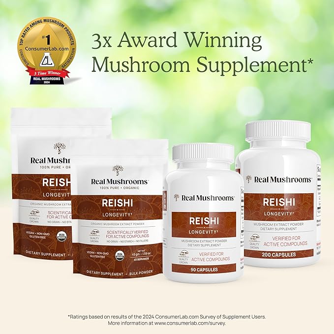 Real Mushrooms Reishi Powder - Organic Mushroom Extract Supplement with Potent Red for Longevity, Mood, Sleep, Immune Support Vegan Supplement, Non-GMO, 100 Servings