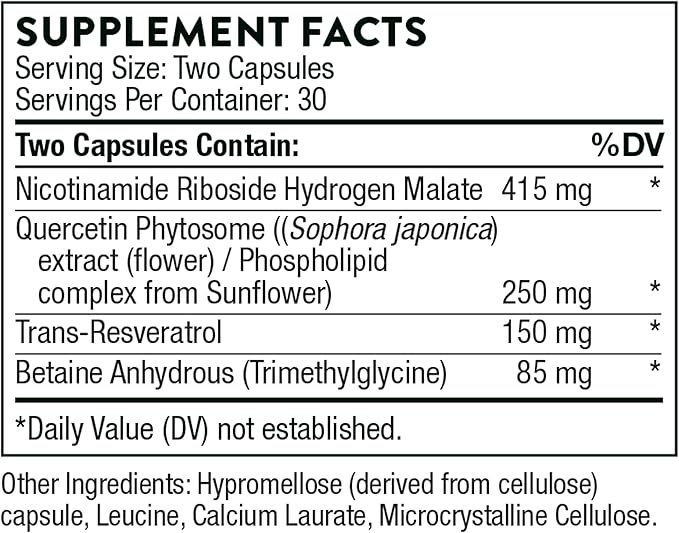 THORNE ResveraCel - Nicotinamide Riboside with Quercetin Phytosome and Resveratrol - Support Healthy Aging, Methylation, Cellular Energy Production and Metabolism* - 60 Capsules - 30 Servings