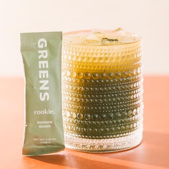 Natural Greens Supplements Superfood Powder Drink by Rookie Wellness, Gut Support Digestive Enzyme, Improve Mood, Immune Support, Passion Guava Greens Powder (30 Serving Bag)