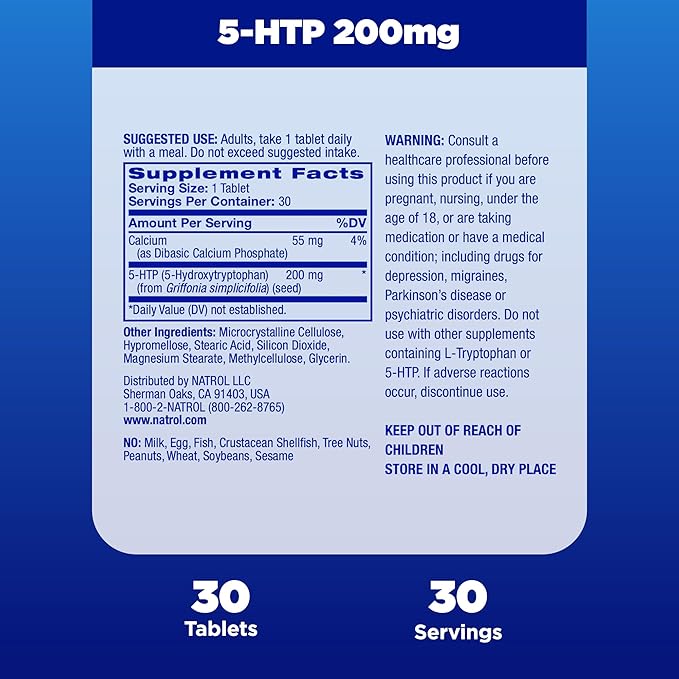 Natrol 5-HTP 200 mg, Time Release, Support a Balanced Mood, Dietary Supplement Provides Serotonin Production Throughout the Day, 30 Tablets, Up to a 30 Day Supply