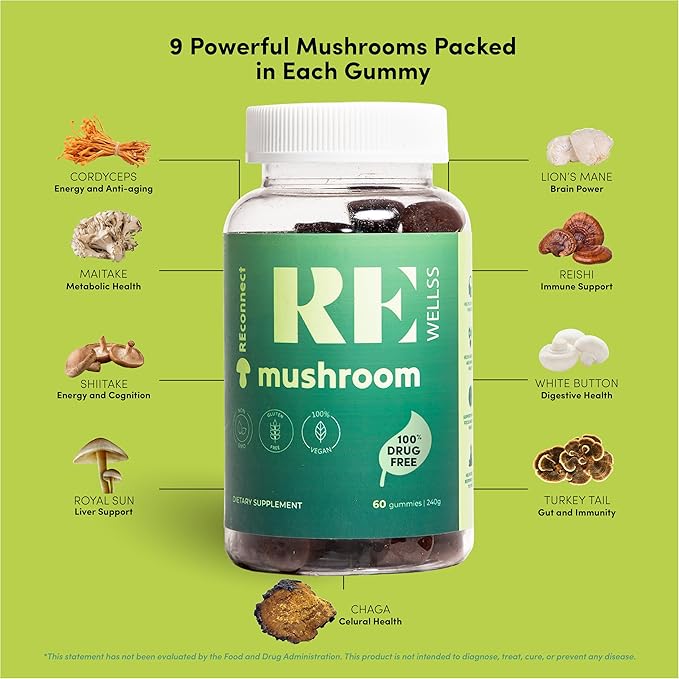 Magic Mushroom Gummies for Adults I Veg Low Carb Lion's Mane Supplement I Mushroom Supplement | Chaga Cordyceps Shiitake | Cognitive & Immune Support Boost Energy Focus Mood | 30 Days Supply