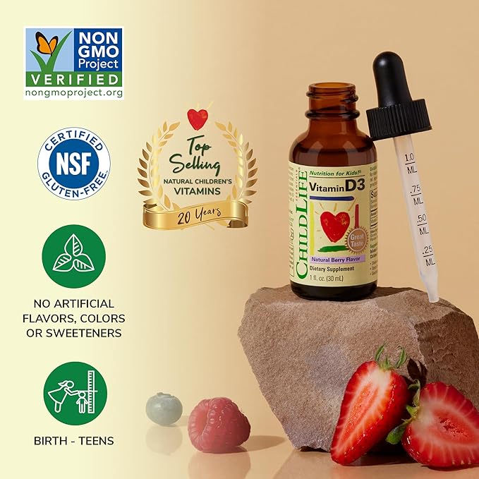 CHILDLIFE Essentials Vitamin D3 Drops for Kids, Children, & Toddlers - Liquid Vitamin D Drops, 500 IU per Drop, Immune & Bone Health Support, Natural Berry - 1 Fl Oz (Pack of 2)