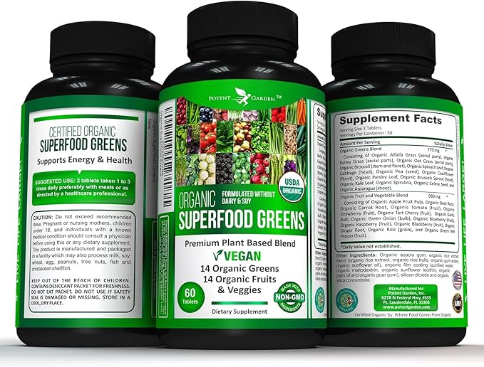 Potent Garden 2-Pack Organic Superfood Greens, Fruit and Veggie Supplement Rich in Vitamins & Antioxidants with Alfalfa, Beet Root & Tart Cherry to Boost Energy, Immunity & Gut Health, 120 Ct