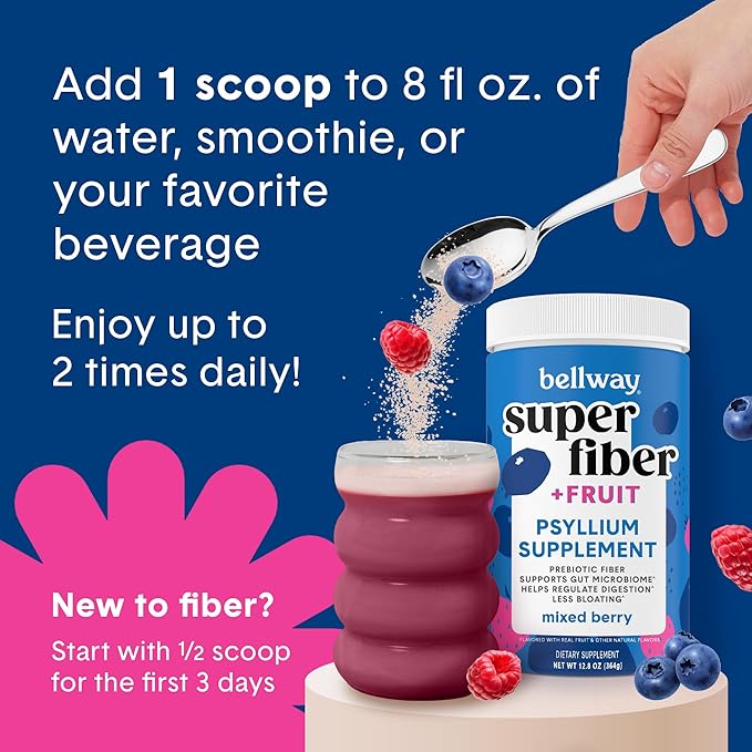 Bellway Super Fiber Powder + Fruit, Sugar Free Organic Psyllium Husk Powder Fiber Supplement for Regularity, Bloating Relief & Gut Health, Non-GMO, Plant-Based, Mixed Berry (50 Servings)