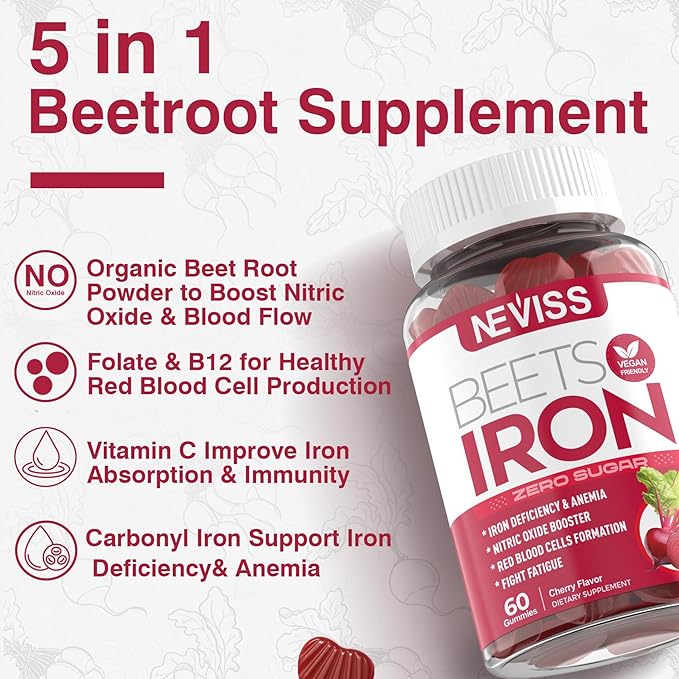 Beet Root Gummies with Iron, Methyl B12, Folate, Vitamin C, Increase Nitric Oxide & Iron Levels, Energy Support, Fight Fatigue, Beetroot & Gentle Iron Supplement for Women Men, Sugar Free, 60 Counts