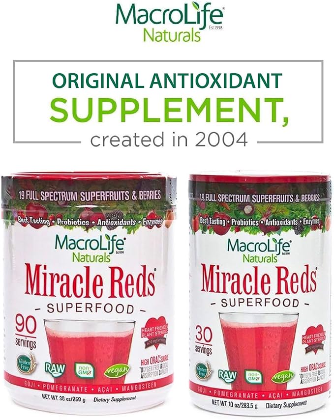MacroLife Naturals Miracle Reds Superfood Supplement Powder Antioxidants Polyphenols Enzymes Probiotics - Raw Non-GMO Organic Vegan Gluten & Dairy Free (12 Packet)
