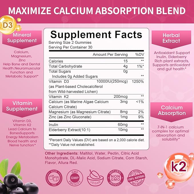 Vitamin D3 10000 IU + K2 (MK7) 200mcg w/Calcium Magnesium Zinc Elderberry & Inulin-Highly Bioavailable-Enhanced Absorption for Immune & Bone Support- K2 D3 Vitamin Supplement-Vegan Gummies
