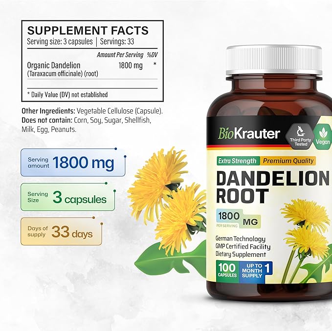 BIO KRAUTER Dandelion Root Capsules - 1800 mg Strength - 100 Count - Dandelion Root Supplement - Vegan Capsules for Liver Support