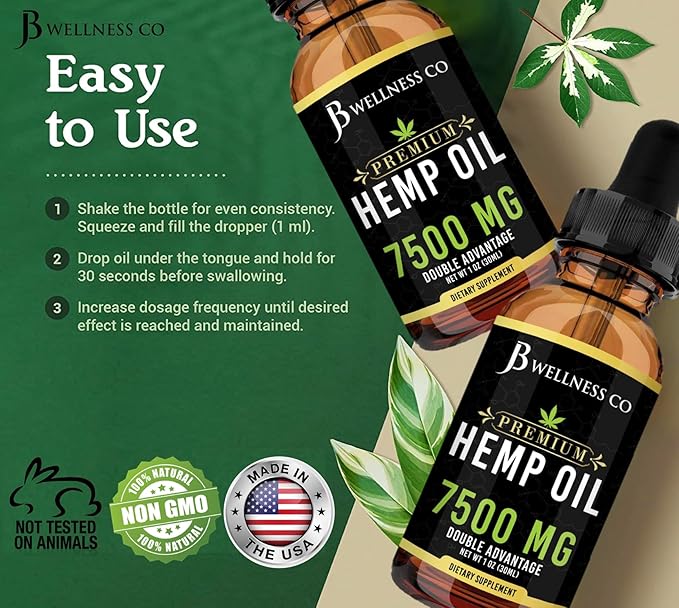 Organic Hemp Oil Extract Drops - Omega Fatty Acids 3 6 9, Non-GMO Ultra-Pure Sugar- Free (2-Pack)