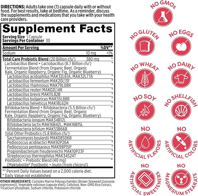 Probulin Total Care Women's Urinary Tract = Prebiotics + Probiotics + Postbiotics to Support a Healthy Vaginal Microbiome - 20 Billion CFU - 12 Strains - 30 Vegan Capsules