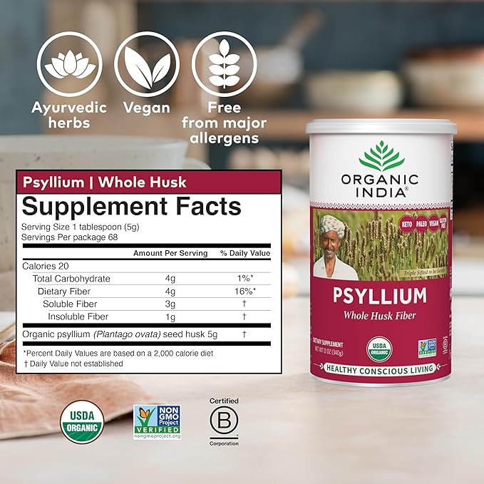 ORGANIC INDIA Psyllium Herbal Powder - Whole Husk Fiber Supplement, Digestion Support, Vegan, Gluten-Free, USDA Certified Organic, Non-GMO, Soluble & Insoluble Fiber Source - 12 oz