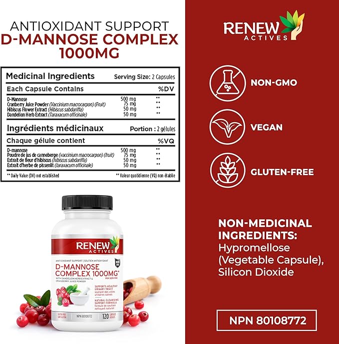 Renew Actives High Potency D-Mannose & Cranberry Complex 1000MG per 2 Capsules – with Hibiscus & Dandelion Extracts – Antioxidant Blend – No Artificial Flavours - Made in Canada - 120 Capsules