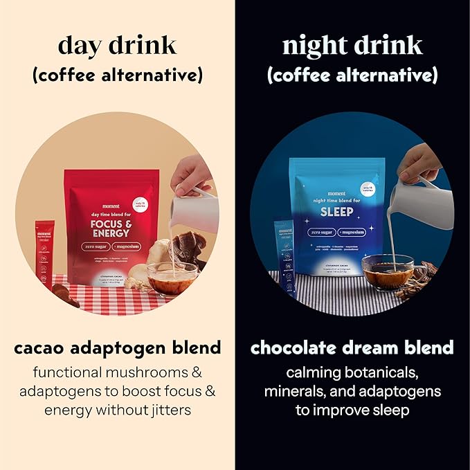 Drink Your Meditation Moment Chocolate Dream & Cacao Adaptogen Mushroom Bundle | Sleep & Energy | 0 Sugar | Hot Chocolate & Coffee Alternative | Reishi, Ashwagandha, Lion's Mane, GABA | 30 Servings