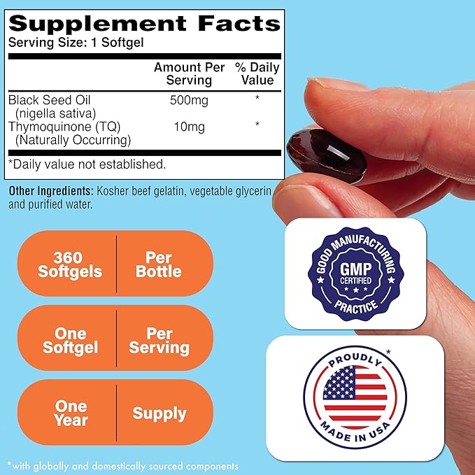 Health Thru Nutrition Black Seed Oil 500mg 360 Softgels | High Potency 2% Thymoquinone | 3rd Party Tested | Pure Cold Pressed | Organically Gown | Non-GMO, Gluten Free, Soy Free