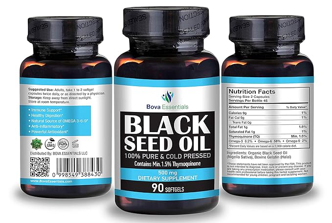 HalalEveryDay Organic Black Seed Oil - USDA Certified Cold Pressed Glass Bottle Over 1.5% Thymoquinone 3X Strength Turkish Black Cumin Nigella Sativa Non-GMO 100% Pure Blackseed Oil (Capsules)
