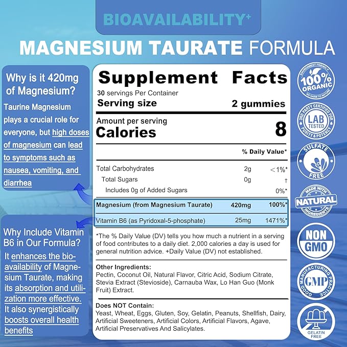 Magnesium Taurate 420mg + Vitamin B6 for Enhanced Absorption, Supporting Hēalthy Hēart, Zzzs, Relaxation, Nerve & Muscle Health – Vegan, Non-GMO, Gluten-Free, Sugar-Free, 60 Cts