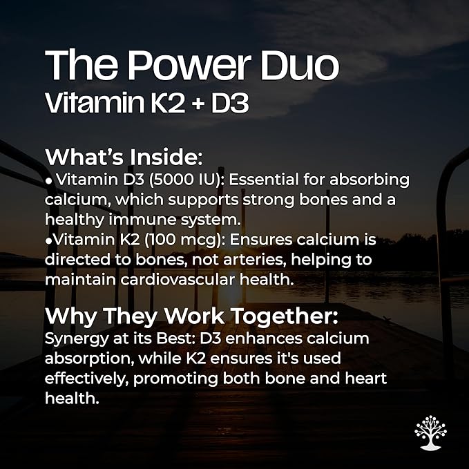 Vitamin D3 K2 Supplement, 5000 IU - Supports Immune and Cardiac Wellness, High Potency, Gluten Free, 60 Capsules