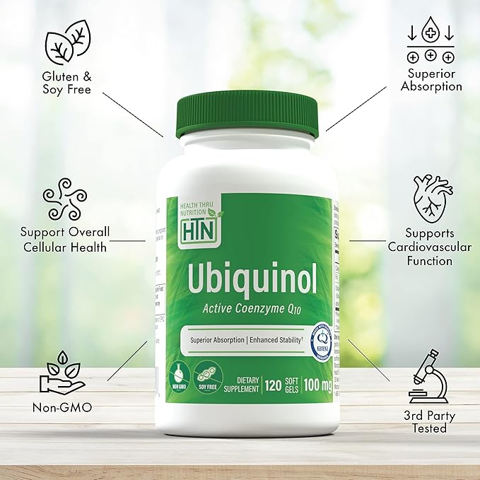 Health Thru Nutrition Ubiquinol 100mg 120 Softgels as Kaneka QH Reduced CoQ-10 | Stabilized - 3rd Party Tested | Enhanced Bioavailability | Cardiovascular & Mitochondria Function Support | Non-GMO