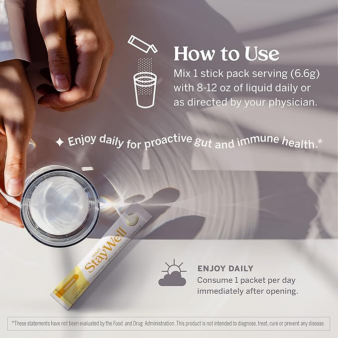 Nouri Daily StayWell Lemonade Drink Mix | Probiotics, Prebiotics, Colostrum, L-Glutamine, Vitamins D & B12, Magnesium, Manganese & Zinc for Gut Health, Digestion & Immunity | 14 Stick Packs