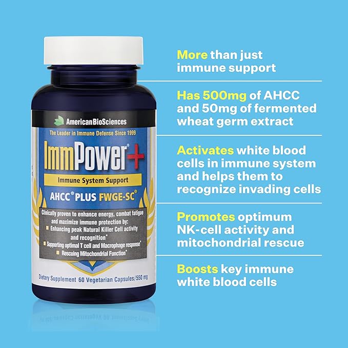 ImmPower Plus - Immune Support and Mitochondrial Rescue - AHCC & Fermented Wheat Germ Extract - Mushroom Extract Supplement - 60 Vegetarian Capsules, 550mg/capsule