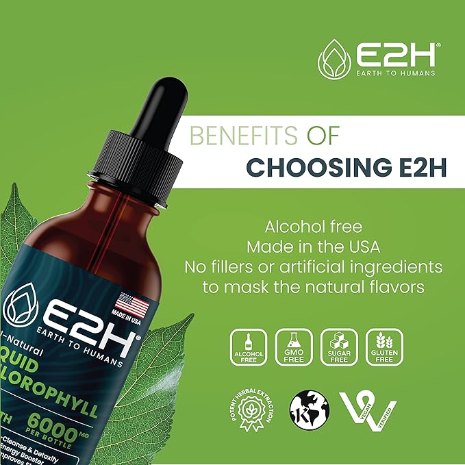 E2H Chlorophyll Liquid Drops - All-Natural Flavored Energy Booster, Immune System Support and Internal Deodorant - Vegan - Gluten Free - Non-GMO - 2 Fl Oz