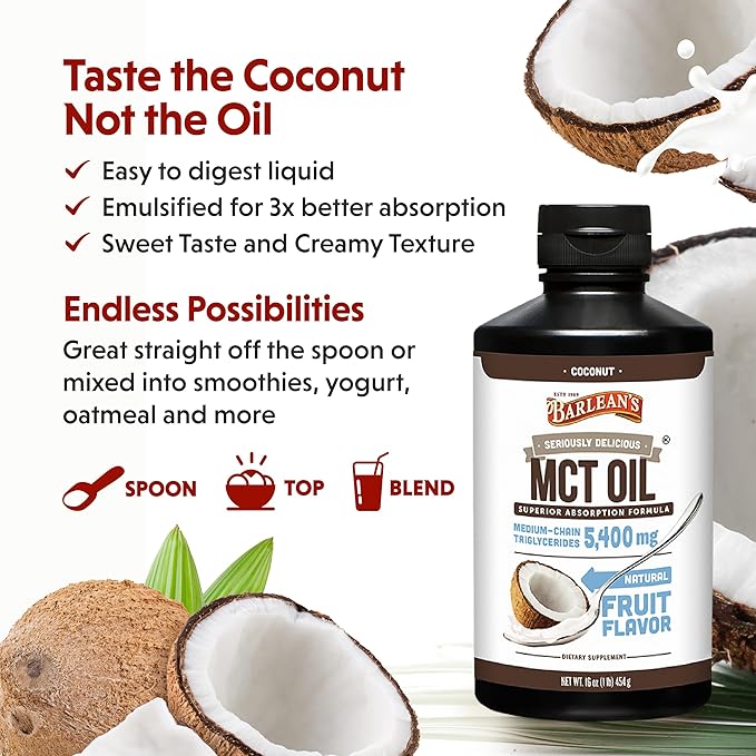 Barlean's MCT Oil Supplement, Coconut Flavored for Keto Coffee, Emulsified Creamy Liquid Syrup with 5,400mg Plant-Based MCT's to Support Energy, Focus and Wellness, 16 oz