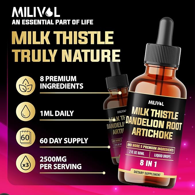 8in1 Milk Thistle Liquid Drops with Dandelion Root, Artichoke Leaf and 5 More Herbals - 60 Days Supply - 2 Fl Oz
