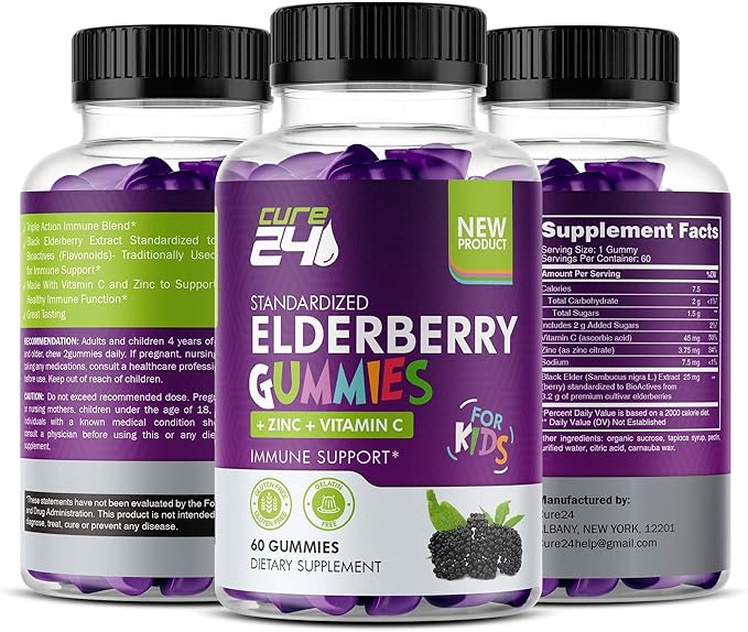 Sambucus Elderberry Gummies + Vitamin C + Zinc for Kids, X3 Immune Support, Natural Flavors + Ingredients, Vegan, Non-GMO, 60 Count, Made in USA