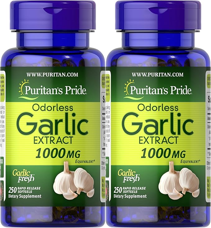 Puritan's Pride Premium Odorless Garlic (1000mg Equivalent), Traditional Dietary Supplement for Heart Health and Circulation Support with Antioxidant Properties, 250 Rapid Release Softgels, 2 Pack