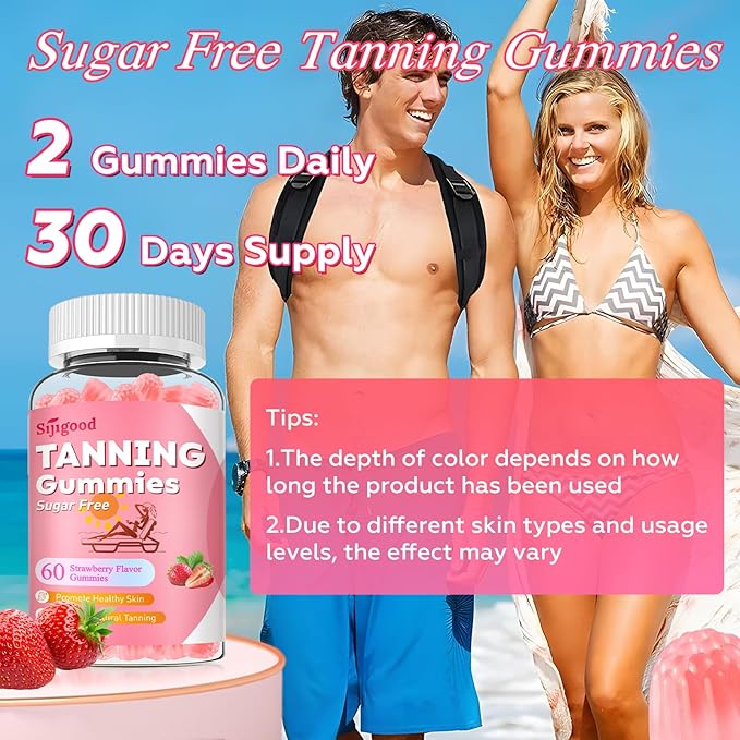Tanning Gummies - Sugar Free Daily Tanning Gummies for Woman & Men, Self Tanning Melanin Supplements with Lycopene & Astaxanthin for Skin Health, Strawberries Flavor, 60 Count