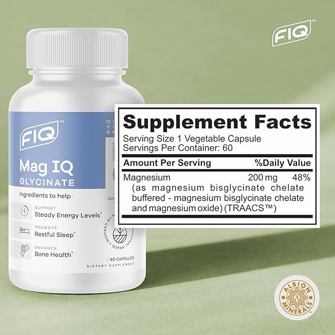 FIQ - Mag IQ Glycinate - Magnesium Bisglycinate Chelate TRAACS - High Absorption Magnesium Glycinate Supplement - Sleep, Daily Energy, & Bone Wellness - 60 Capsules