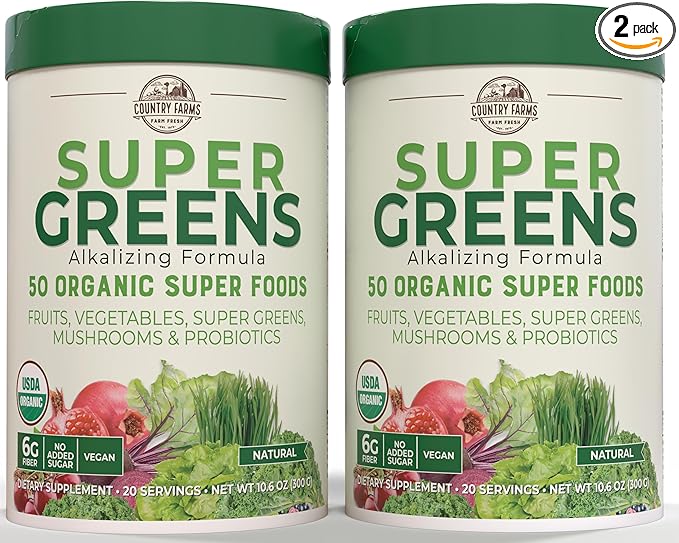 COUNTRY FARMS Super Greens Natural Flavor, 50 Organic Super Foods, USDA Organic Drink Mix, Fruits, Vegetables, Super Greens, Mushrooms & Probiotics, Supports Energy, 40 Servings, 10.6 Oz, 2 Pack