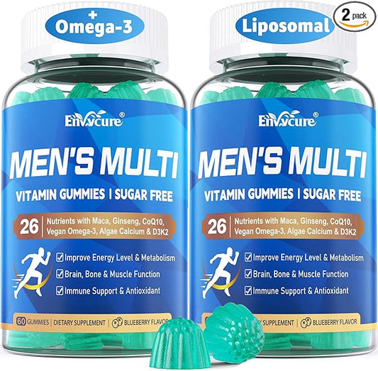 Methylated Multivitamin for Men Gummies, Vegan Omega 3, CoQ10, Zinc, Vitamin A C D3 K2 E B Complex, Calcium, Magnesium, Lycopene - Liposomal Vitamins - Energy, Immune, Bone, Brain, Sugar Free, 120 Cts