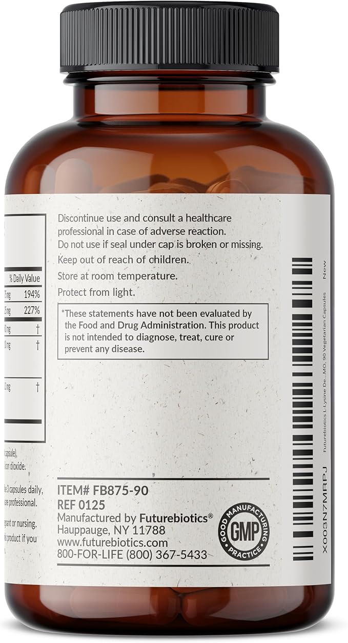 Futurebiotics L-Lysine Defense Immune Support Complex 1500 MG Per Serving with Vitamin C, Zinc, Olive Leaf & Garlic - Non-GMO, 90 Vegetarian Capsules